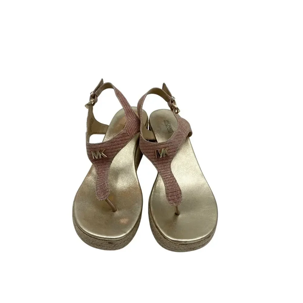 Michael Kors Women's Leather Wedged Thong Sandals Size 8M Rose Color‎ Sparkle